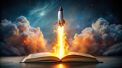 A rocket blasting off from an open book with flames and smoke erupting from the pages , rocket ship, flames,  rocket ship