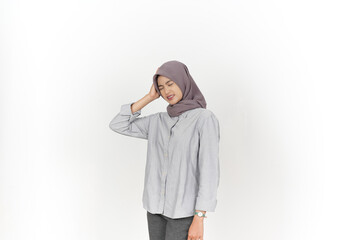 Suffering Headache, Pain on Head Of Beautiful Asian Hijab Woman Isolated On White Background