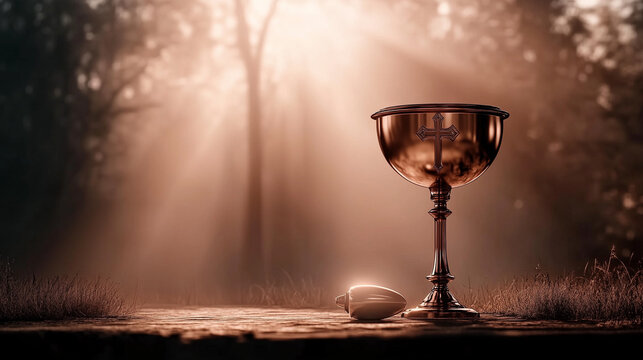 An elegant First Communion background featuring a chalice and host, bathed in soft golden light. The smooth gradient from cream to light gold makes it perfect for invitations or religious event poster