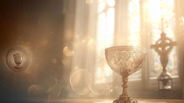 An elegant First Communion background featuring a chalice and host, bathed in soft golden light. The smooth gradient from cream to light gold makes it perfect for invitations or religious event poster