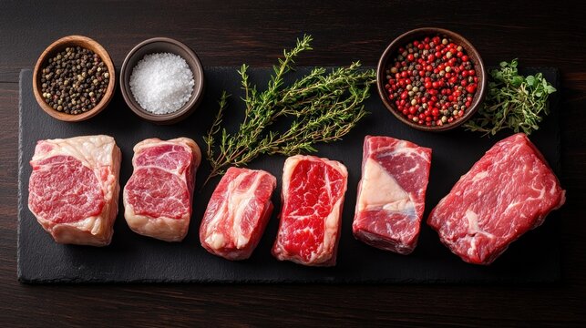 Raw beef cuts on slate board with herbs and spices on dark wooden table.  Top view.  For recipe, cooking, or food photography use