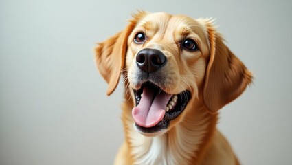 Dog probiotics. Happy golden retriever dog smiling closeup portrait, c