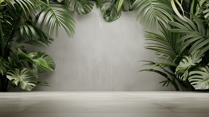 Lush Green Tropical Plants Frame Concrete Wall Background