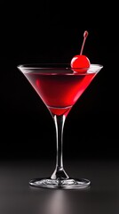 Elegantly garnished cherry cocktail in martini glass against black background