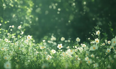 Fototapeta premium Soft Sunlight Illuminates White Flowers in a Lush Green Field