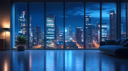 Indoor space with city night view and plant decor