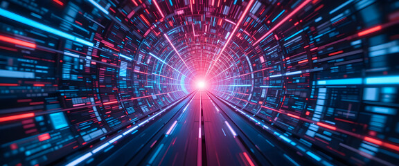 Obraz premium Experience the Thrill of a Digital Journey Through a Vivid, Colorful Tunnel at Light Speed, Embraced by Dynamic Blue and Red Lights