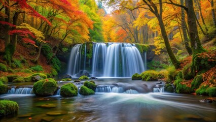 Fototapeta premium Serene Autumn waterfall in Oirase stream, surrounded by lush greenery and vibrant autumn leaves, with a gentle mist rising from the water's surface , forest, oirase stream
