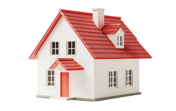 A simple house icon with a red roof and white walls, isolated on transparent background PNG