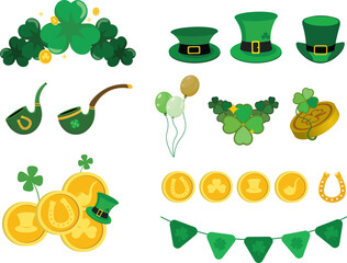 saint Patricks Day vector elements clipart collection set, leprechaun stuff, gold, clovers and shamrocks, festive objects. Saint Patrick Day March 17.