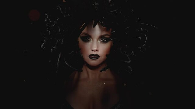 Gorgon medusa. The camera suddenly zooms in, shock on the face, snakes on the head are moving
