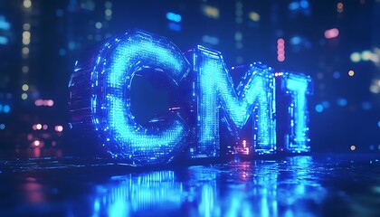 Blue Illuminated Digital Letters Displaying The Letters CMT On Floor