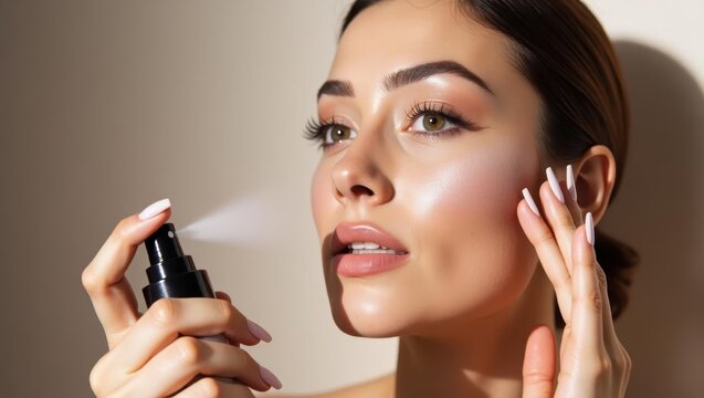 Setting spray. Woman is applying her face with spray of makeup