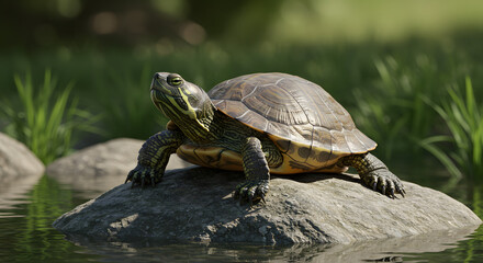 Obraz premium serene turtle resting on a rock in natural landscape for National Pet Day