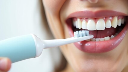 Water flosser. DENTIFRICE Travel Toothbrush Whitening Toothpaste Reusable floss Teeth foam Strips Twice Vvardis elmex Risewell Close-up of smiling woman with white cleaning mouth electric for dental 