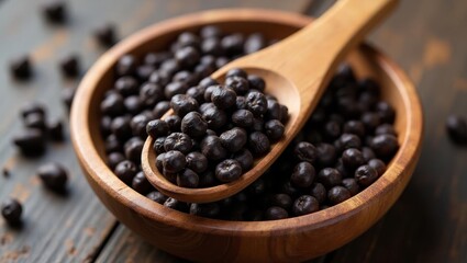 Black maca. Bowl is full of black beans and wooden spoon