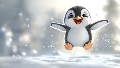 A happy cartoon penguin with arms out in the snow