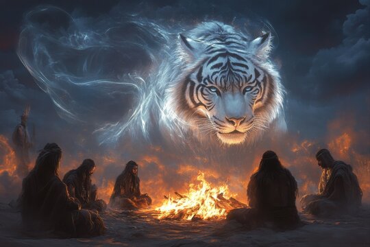 Mystical tiger vision campfire gathering digital art nighttime close-up nature spirit
