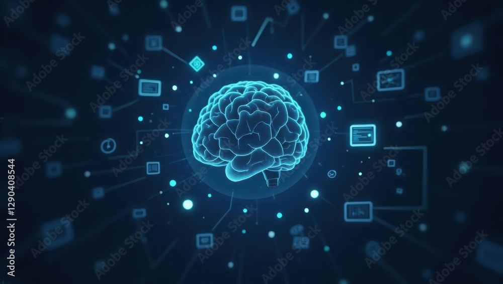 Poster machine learning engineer. brain is surrounded by many different icons and symbols