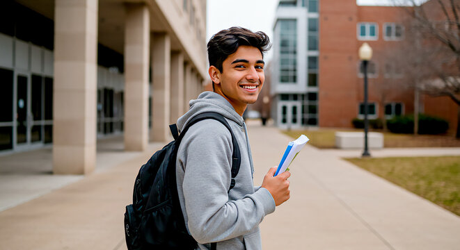 Estudiante latino sonriente en campus universitario