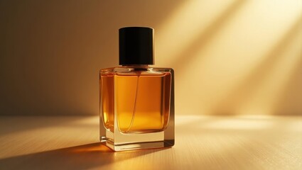 Oil Based Perfume. Amber glass perfume bottle with black cap standing on wooden surface with warm sunlight reflection luxury beauty product concept natural light background