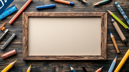 Empty tabletop framed by artistic stationery arrangement: pencils, pens, and papers 