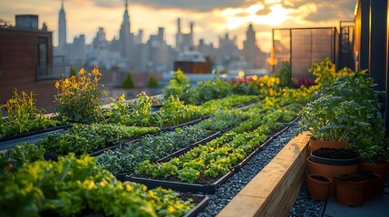 The Urban Rooftop Garden Displays Crops with a City Skyline