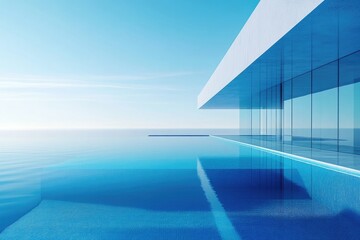 Obraz premium Modern infinity pool seamlessly blends with the ocean, offering breathtaking views from a minimalist glass-fronted building.