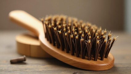 Boar bristle brush. Wooden brush is sitting on table next to wooden comb