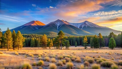 Fototapeta premium Panoramic view of Lockett Meadow with San Francisco Peaks in Flagstaff Arizona landscape at sunrise, Natural Wonders, Arizona Scenery