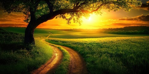 The sun sets over the field, casting long shadows on an old country road that runs through it. The grassy meadow is lush and green, with tall trees lining both sides of the path.