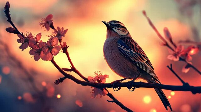 Linnet sings a spring song at dusk amidst blossoming flowers and a colorful sky, linnet sings a spring song at dusk