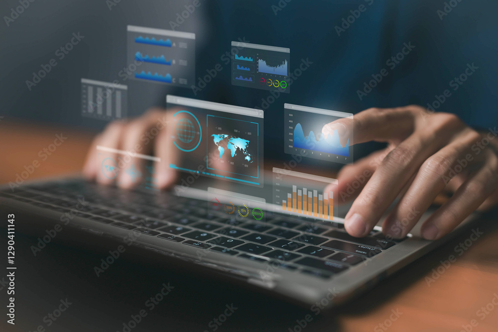 Aufkleber businessman analysis shows a digital dashboard chart of the financial database. concept of business 
