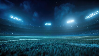 The texture of an empty football stadium at night with blue lights. In the background is a dark sky. The grass on the field shines in white light, while the stands glow in soft blue and green tones