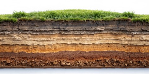 Underground soil layer cross section with exposed erosion features and underlying rock layers, earth sciences