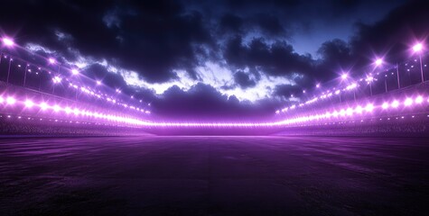 The wardrobe of an American football stadium at night. A large, dark field lit by bright white and purple spotlights, with clouds in the sky.