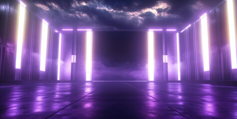 The wardrobe of an American football stadium at night. A large, dark field lit by bright white and purple spotlights, with clouds in the sky.