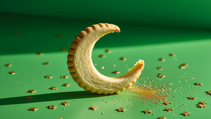 Bite of a cookie biscuit in moon shape. Moon-shaped cookie - creative idea.