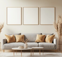 Three blank poster frames in a modern living room, with light beige walls, a grey sofa with golden pillows and a throw pillow, a small coffee table with a vase of dry pampas grass
