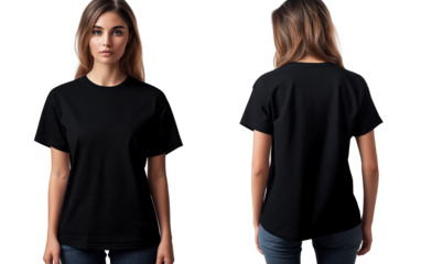 Black oversized t-shirt template on a girl, front and back view isolated on a transparent background