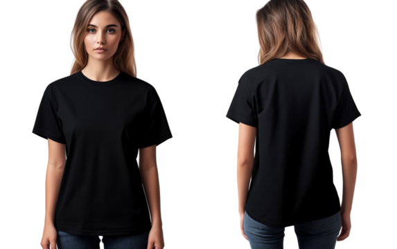 Black oversized t-shirt template on a girl, front and back view isolated on a transparent background