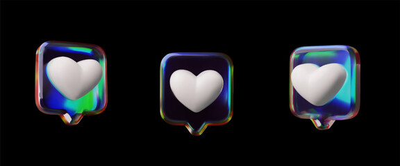 Vector 3D Glass Holographic Bubbles Set with White Heart from Different Sides.