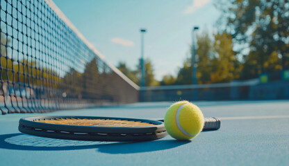 Tennis Racket and Ball on Court