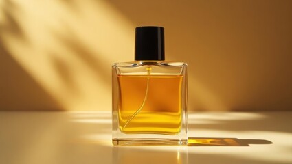 Perfume oil. Amber glass perfume bottle with black cap on table, luxur