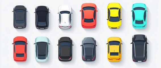 Top view of cars isolated on a transparent background, flat design, vector illustration, minimalism, high-resolution photography, high-quality details, isometric