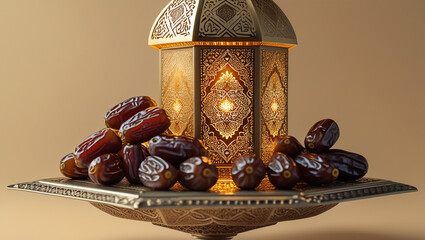 Ornamental Arabic lanterns with burning candles. Glittering golden bokeh lights. Plate with date fruit on the table. Greeting card for Muslim holiday