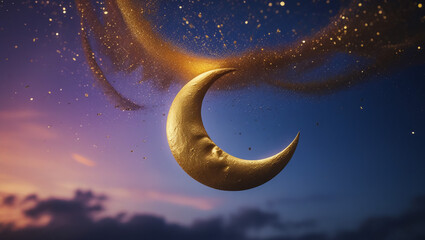Ramadan Kareem illustration with golden moon with glittering texture on a golden background.
