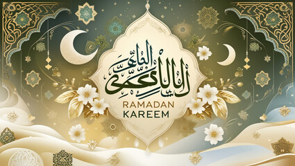 White Arabic Calligraphy Of Ramadan Kareem With Paper Lanterns Hang On Teal Bokeh Light Effect Background.