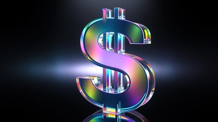 A transparent, three-dimensional dollar sign with a glossy rainbow sheen. Dark black background.