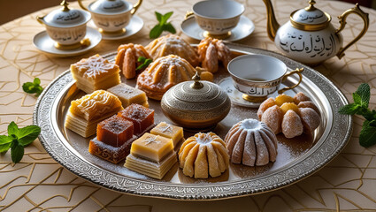 Arabic delight, tea cups and golden lantern. Iftar meal